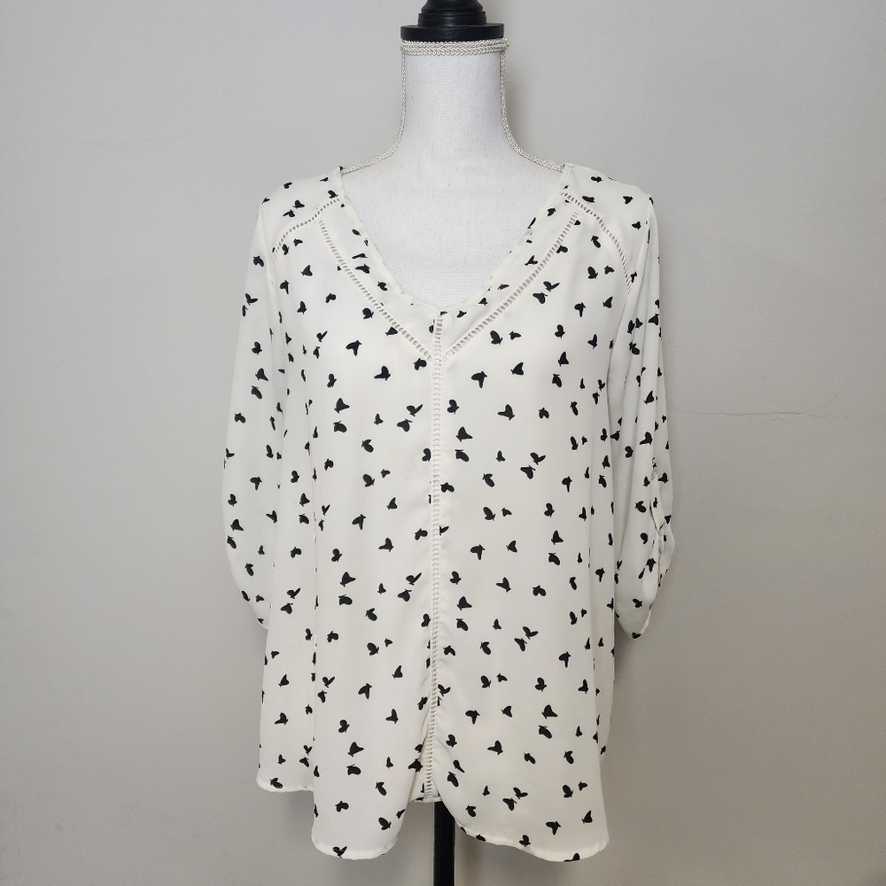 Sienna sky butterfly novelty print feminine roll tab sleeved blouse